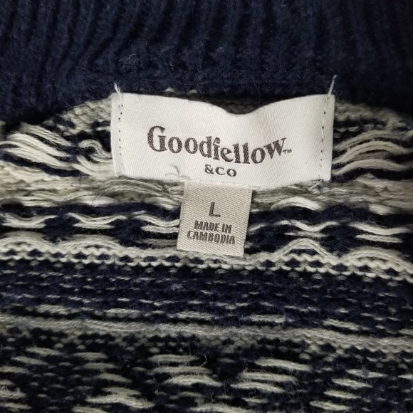 Goodfellow & Co Mens L Full Zip Cardigan Sweater Navy Blue Cream Chevron Argyle - Picture 2 of 12